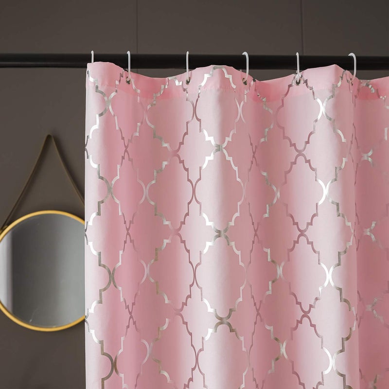 FINECITY Pink Shower Curtain 72 Inch Length - Metallic Silver Foil Geometric Moroccan Tile Printed on Soft Sanded Fabric, Grommet Shower Curtain Set with 12 Hooks, 72 x 72 Inch, Pink and Silver - Image 2